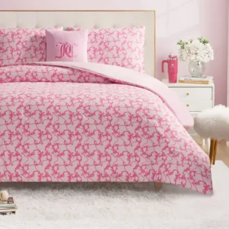 Solid Plush Reversible Cheetah Bows Comforter Set